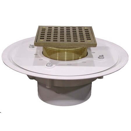 Jones Stephens 4in. Heavy Duty PVC Drain Base with 3-1/2in. Metal Spud and 5in. Polished Brass Strainer D50068